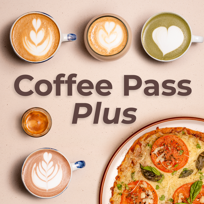 Coffee Pass Plus -  Bebidas ilimitadas ☕ + Plato fuerte + Postre